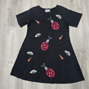 Vintage Black T-shirt Dress with Ladybug Design